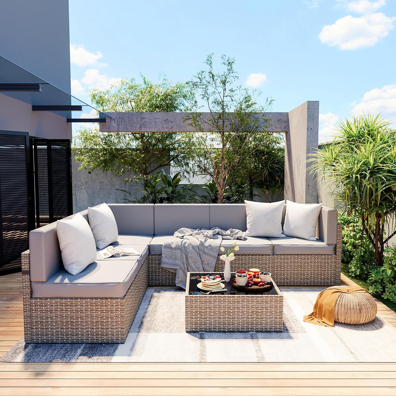 Outdoor Furniture Rattan - 7-Piece Outdoor Sectional Furniture Set, All-Weather