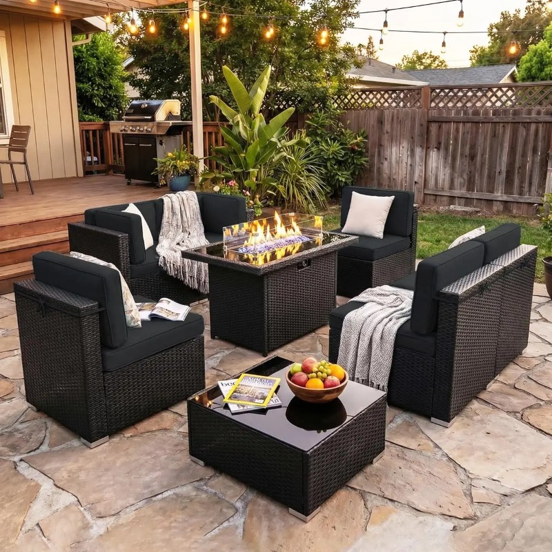 8-Piece Patio Wicker Sectional - Outdoor Furniture With Fire Pit ulasan dan harga