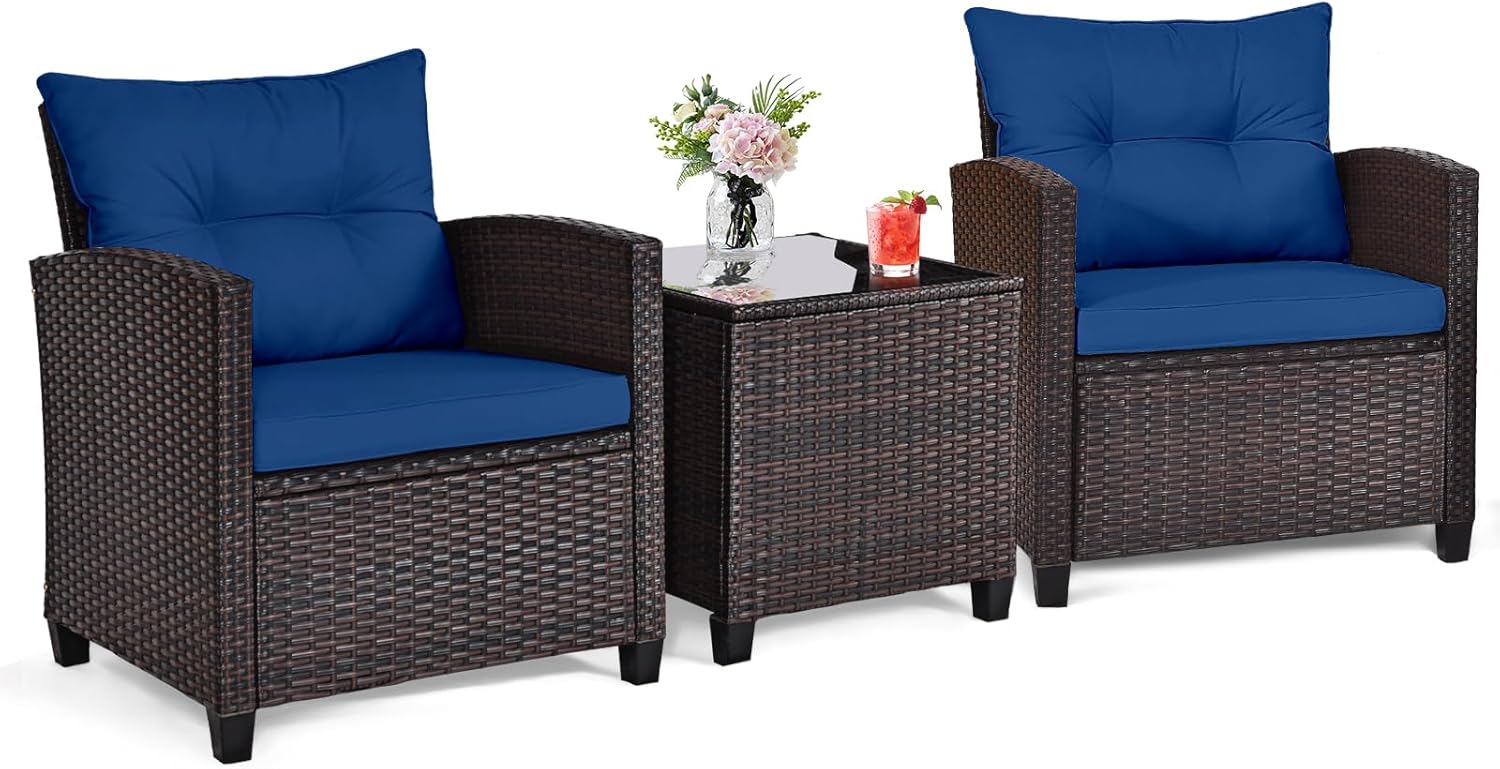 Navy blue rattan wicker 3-piec - Outdoor Furniture Rattan ulasan dan harga